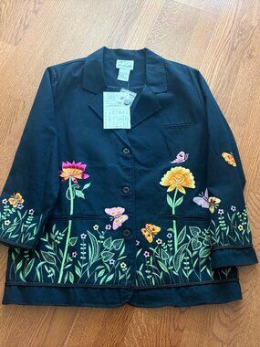 NEW Vintage Womens Quacker Factory Garden Floral Butterfly Chore Blazer Jacket L